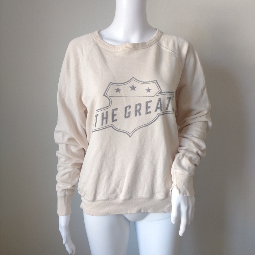 THE GREAT. Distressed sweatshirt cream logo sz 0